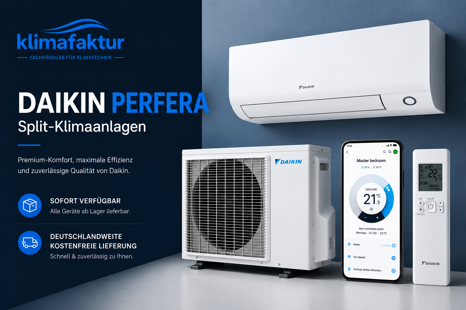 Daikin Perfera Split-Klimaanlage mit wandmontierter Inneneinheit, Außeneinheit, Smartphone-Steuerung und Fernbedienung – sofort verfügbar mit deutschlandweiter kostenfreier Lieferung